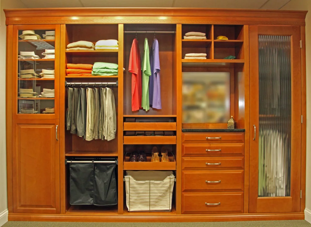 Reach In Mens Wood Closet with Custom Moldings