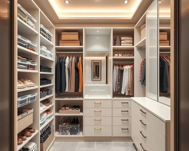 Custom walk-in closet: shelves with shoes, folded clothes, hanging garments, dressers, and mirror.